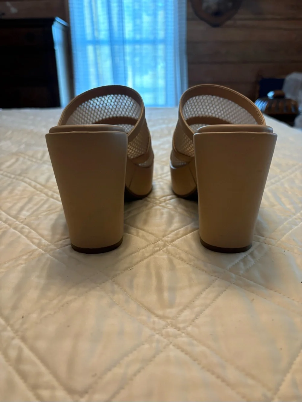 Beige Mesh Platform Heeled Mules for Women